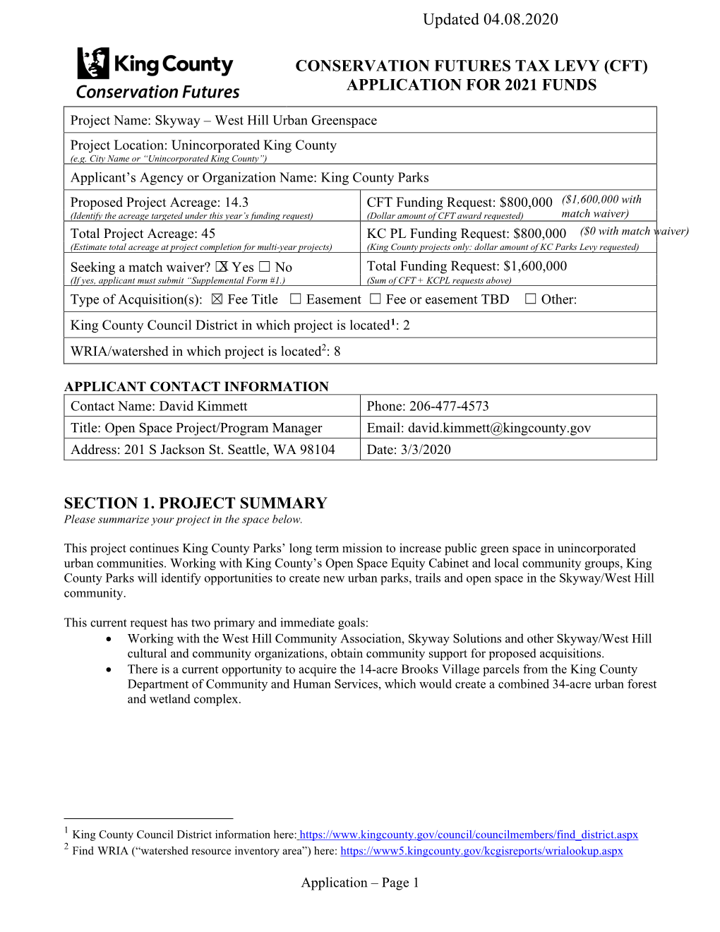 Conservation Futures Tax Levy (Cft) Application for 2021 Funds