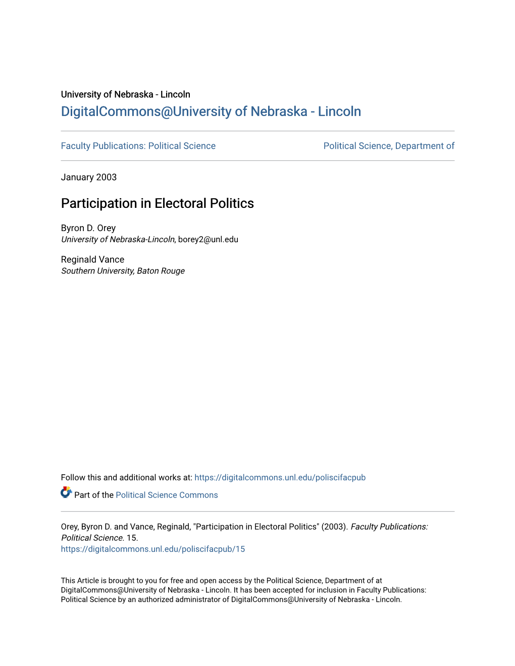 Participation in Electoral Politics