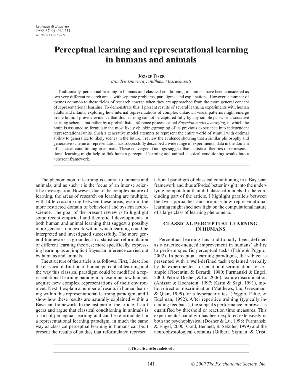 Perceptual Learning and Representational Learning in Humans and Animals