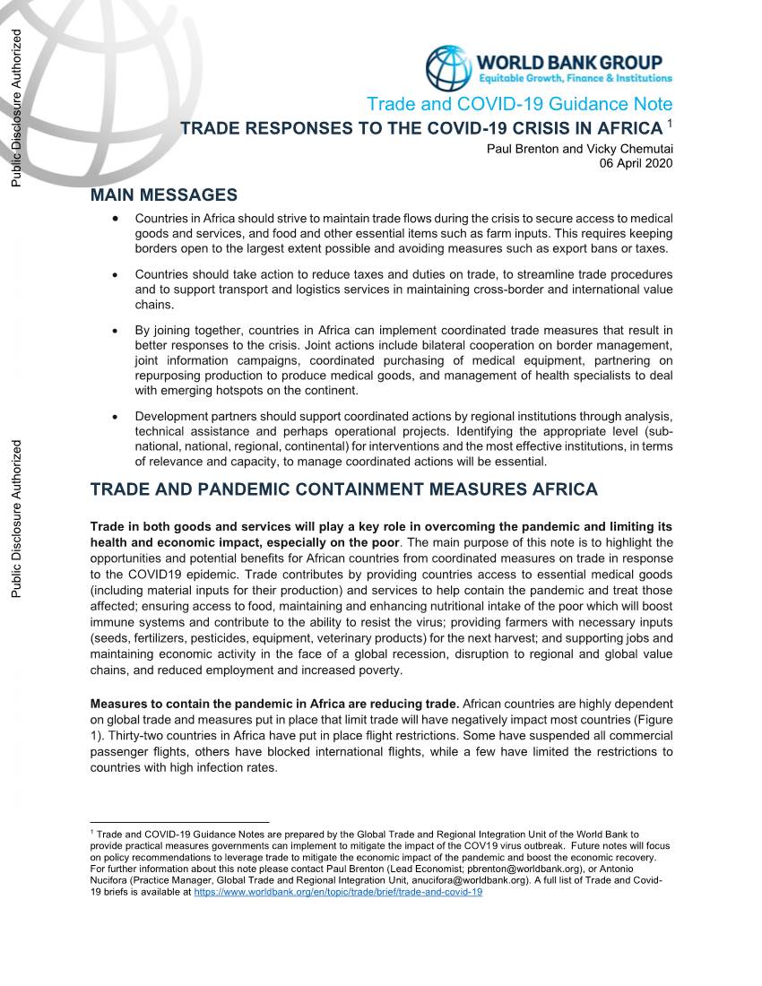 TRADE RESPONSES to the COVID-19 CRISIS in AFRICA 1 Paul Brenton and Vicky Chemutai 06 April 2020