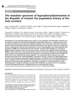 The Mutation Spectrum of Hyperphenylalaninaemia in the Republic of Ireland: the Population History of the Irish Revisited