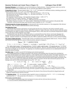 Quantum Mechanics and Atomic Theory (Chapter 12) Vankoppen Chem 1B 2005