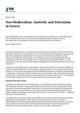 Neo-Medievalism: Austerity and Extremism in Greece