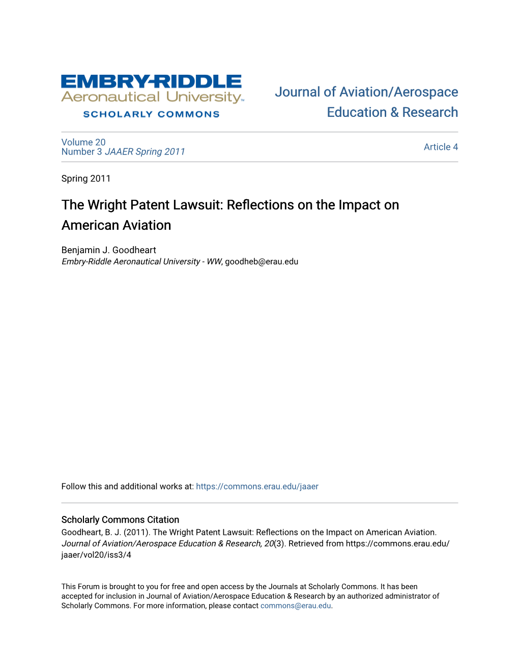 The Wright Patent Lawsuit: Reflections on the Impact on American Aviation