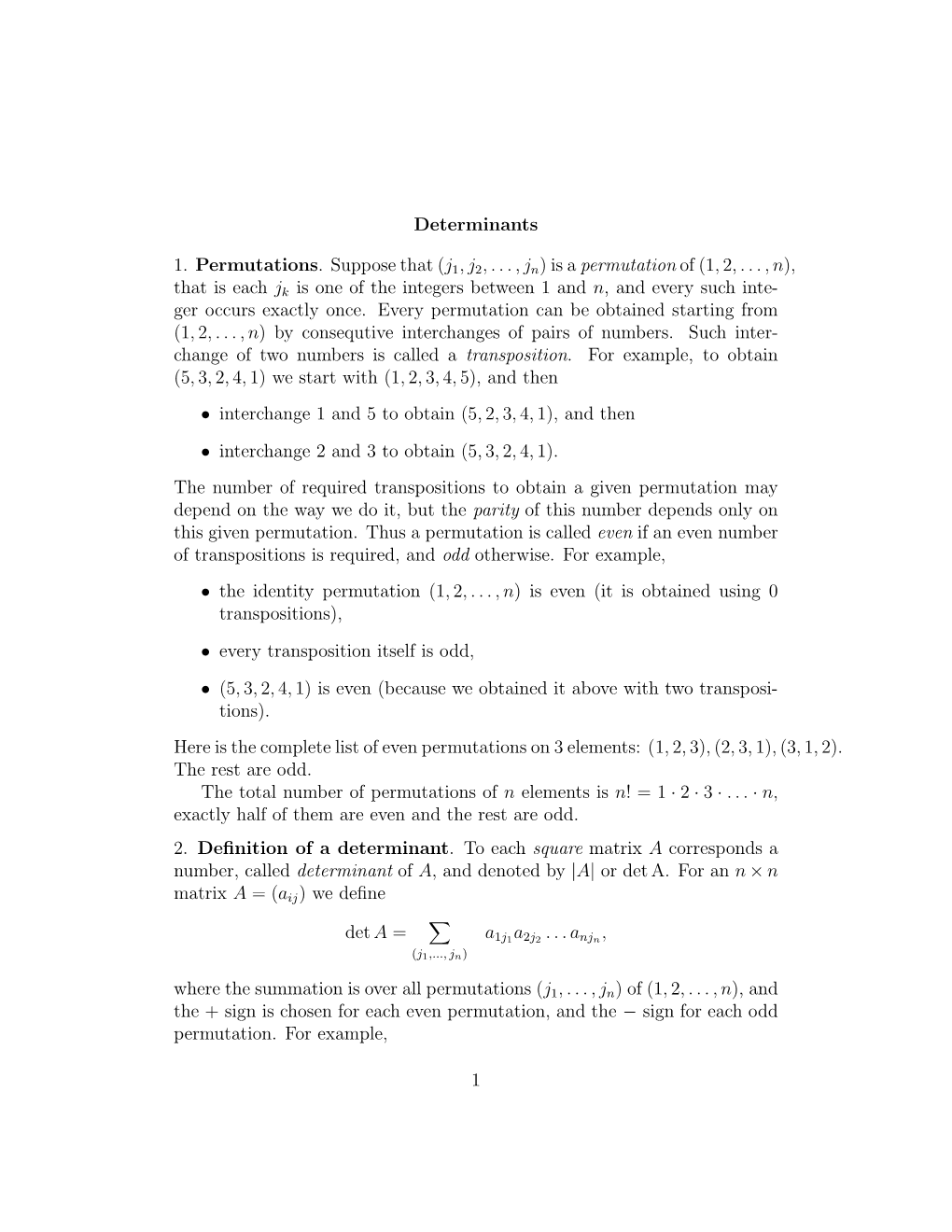 Determinants 1. Permutations. Suppose That (J 1,J2,...,Jn)