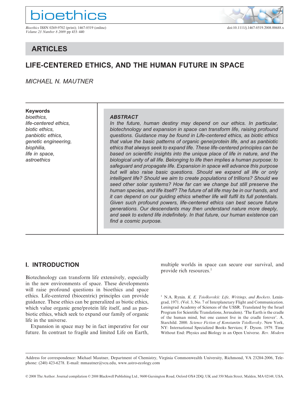 Articles Life-Centered Ethics, and the Human Future in Space