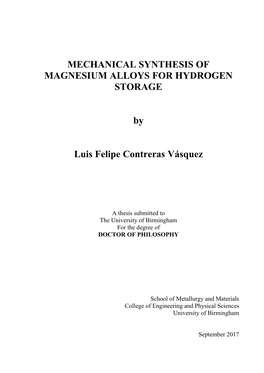 Mechanical Synthesis of Magnesium Alloys for Hydrogen Storage