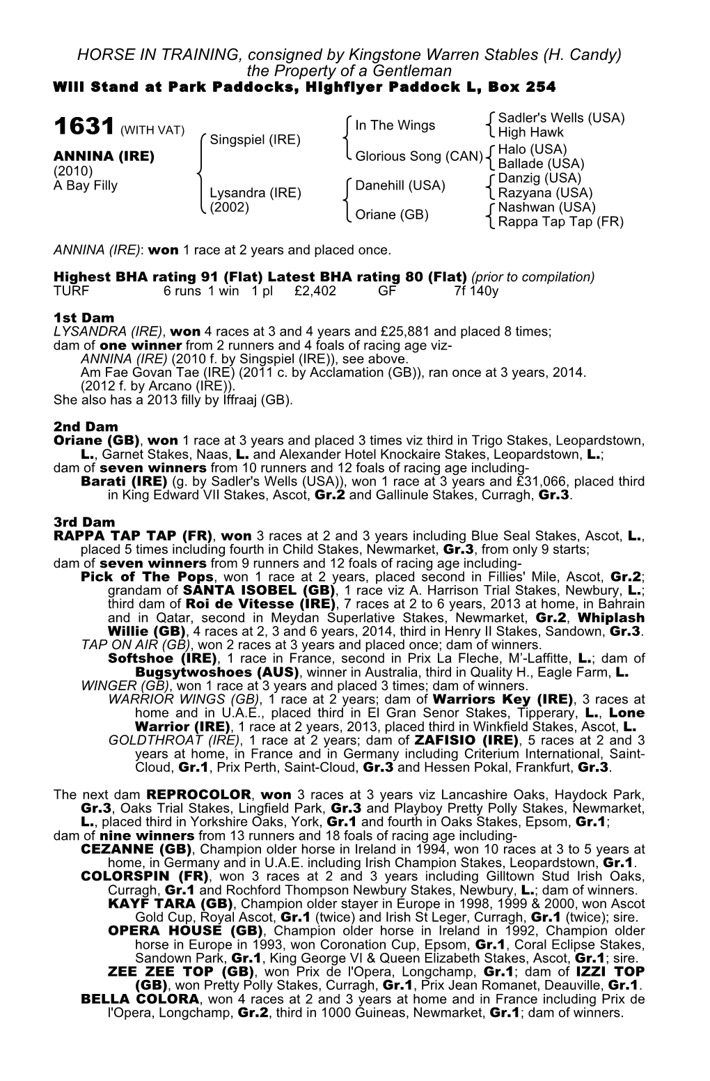 HORSE in TRAINING, Consigned by Kingstone Warren Stables (H. Candy) the Property of a Gentleman Will Stand at Park Paddocks, Highflyer Paddock L, Box 254