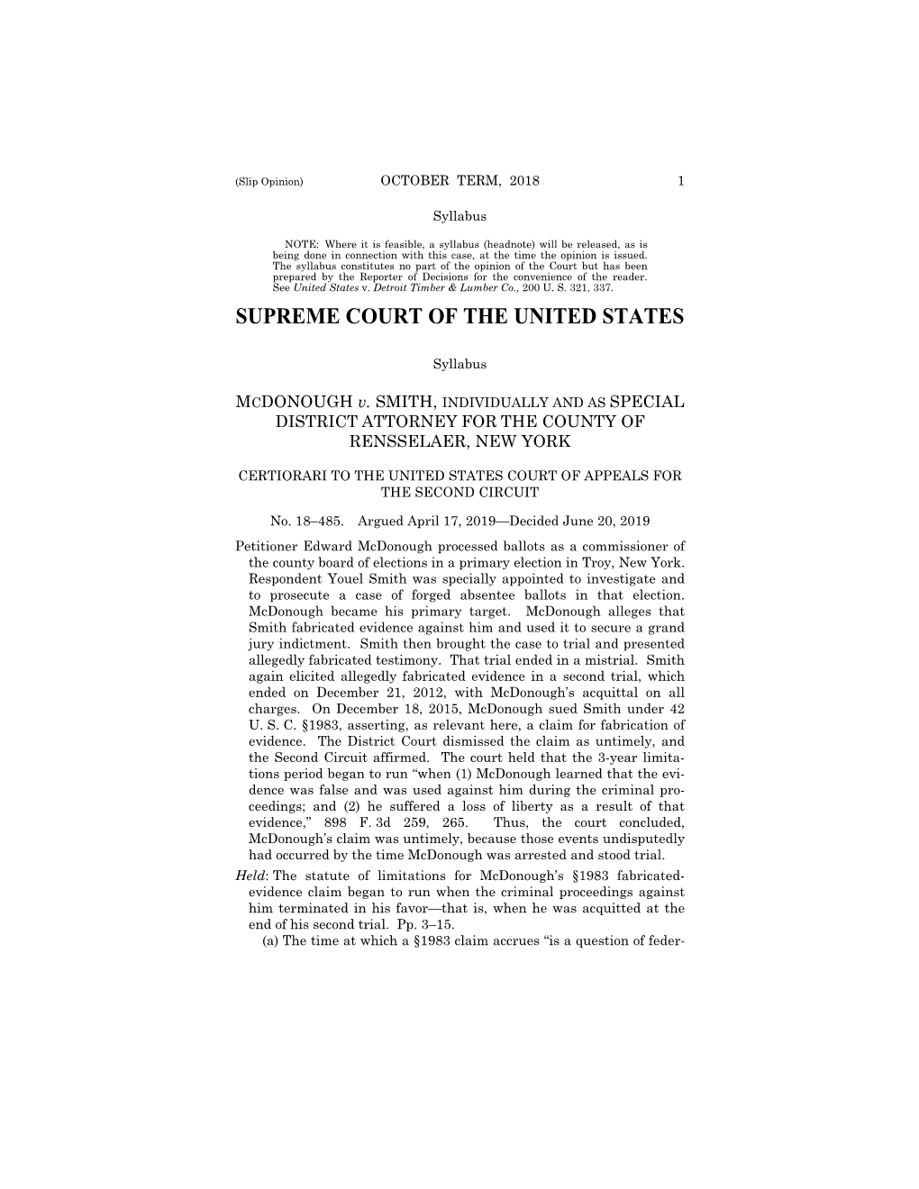 MCDONOUGH V. SMITH, INDIVIDUALLY and AS SPECIAL DISTRICT ATTORNEY for the COUNTY of RENSSELAER, NEW YORK