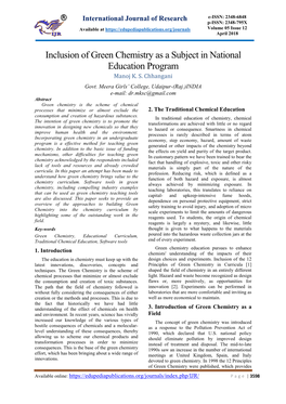 Inclusion of Green Chemistry As a Subject in National Education Program Manoj K