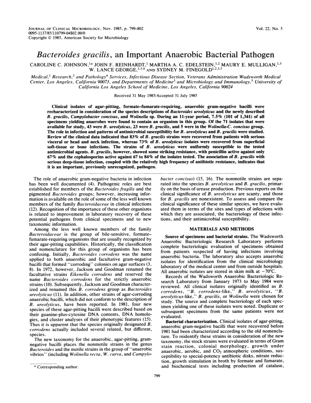 Bacteroides Gracilis, an Important Anaerobic Bacterial Pathogen CAROLINE C