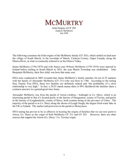 MCMURTRY Irish Origins of CF 203 Andrew Mcmurtry July 2008