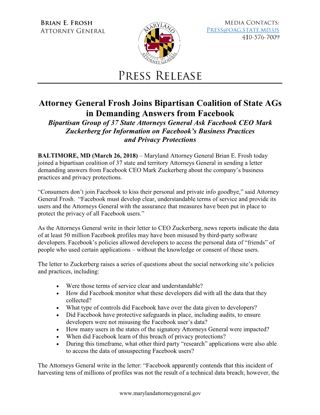 Attorney General Frosh Joins Bipartisan Coalition of State Ags In
