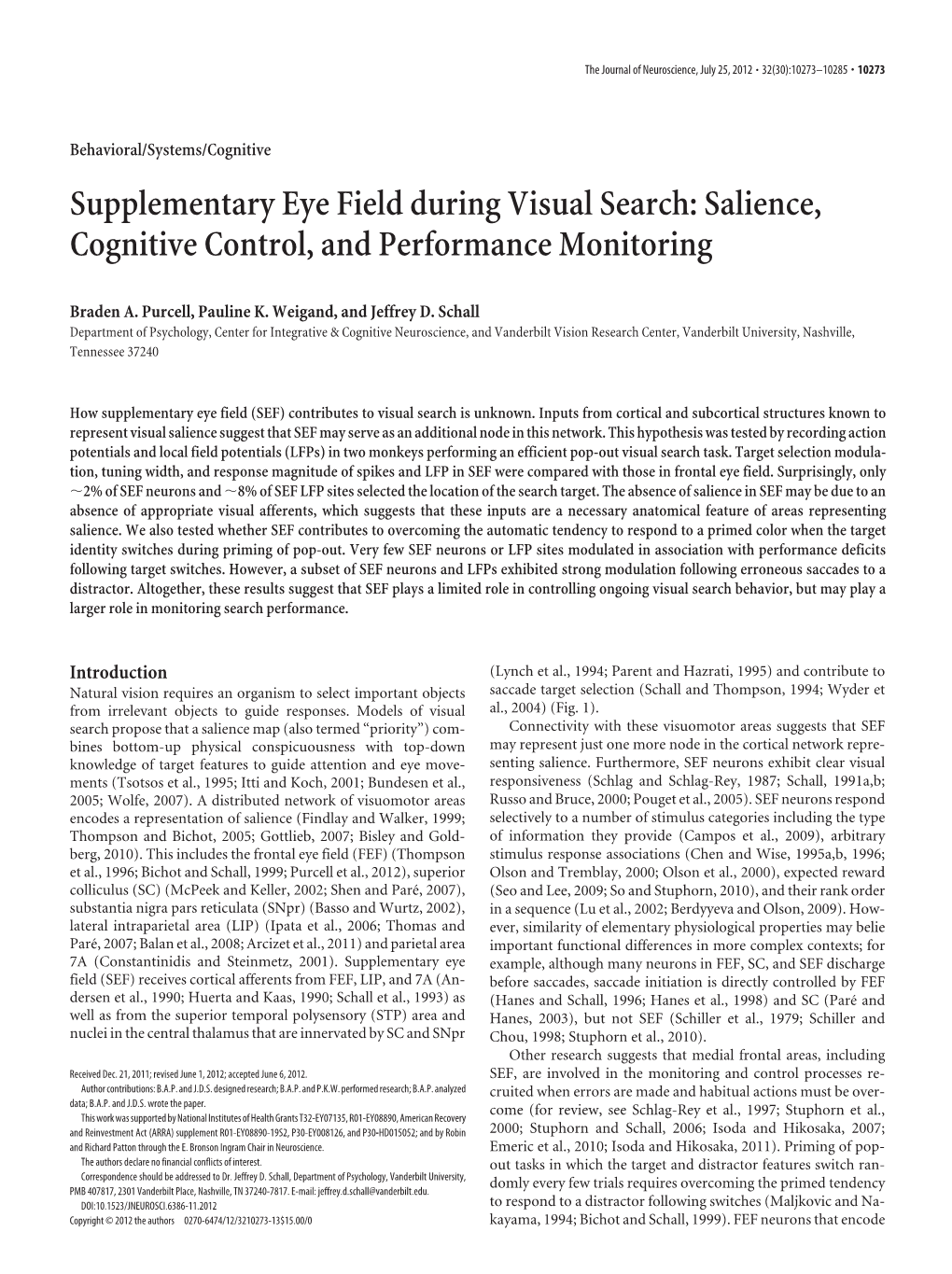 Supplementary Eye Field During Visual Search: Salience, Cognitive Control, and Performance Monitoring