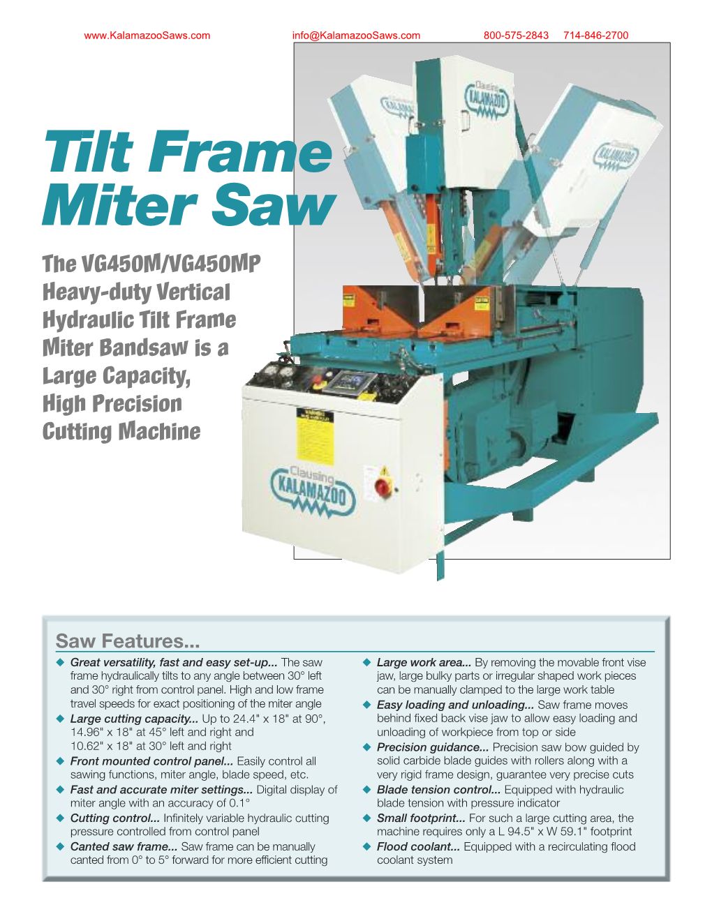 Tilt Frame Miter Saw the VG450M/VG450MP Heavy-Duty Vertical Hydraulic Tilt Frame Miter Bandsaw Is a Large Capacity, High Precision Cutting Machine