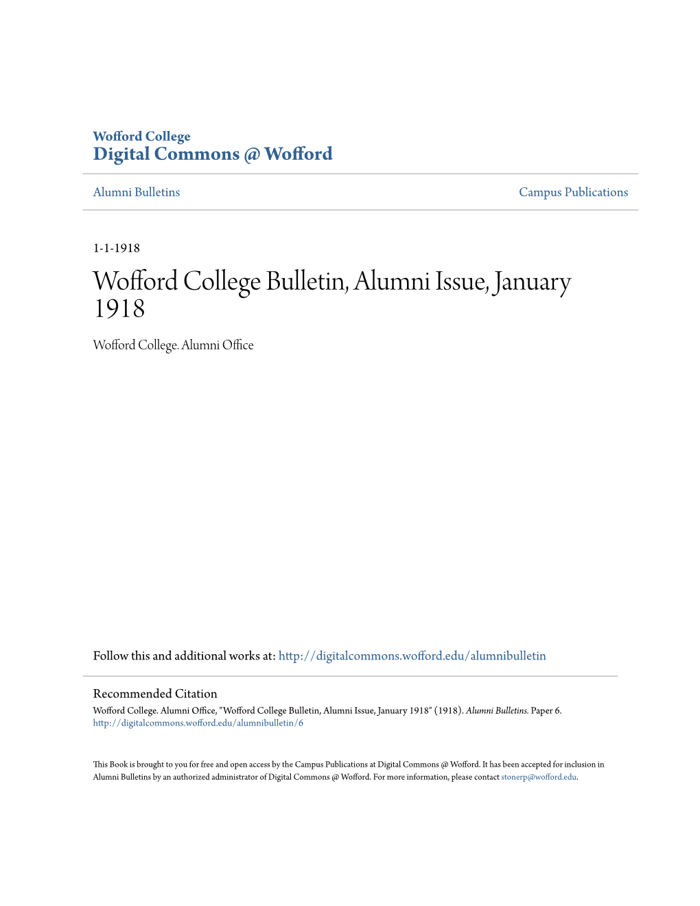 Wofford College Bulletin, Alumni Issue, January 1918 Wofford College