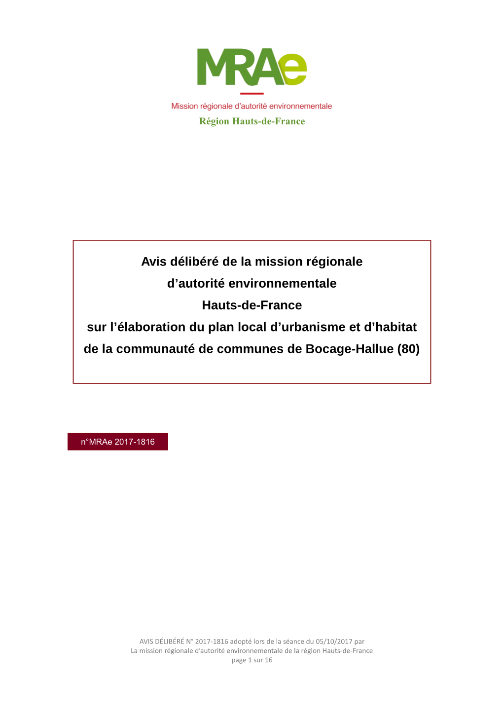 Avis Délibéré De La Mission Régionale D'autorité Environnementale Hauts