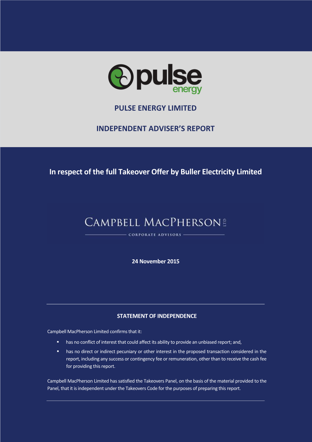 Pulse Energy Limited 2015 Independent Advisers Report Rule 21