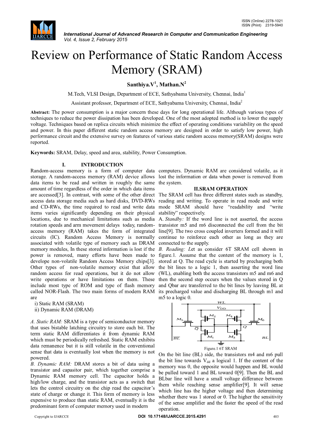 Review on Performance of Static Random Access Memory (SRAM)