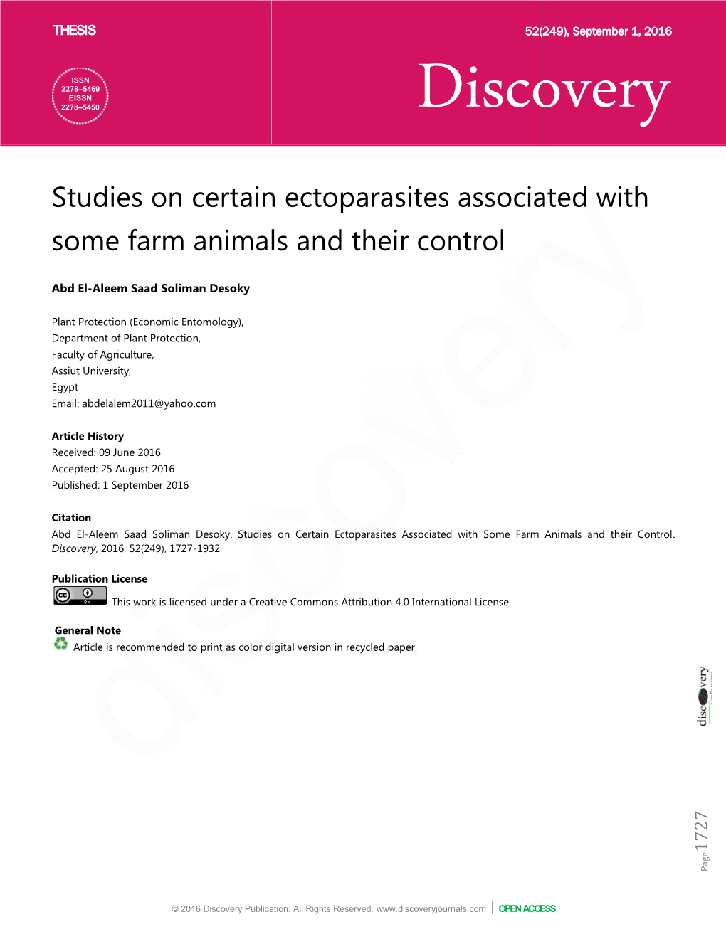 Studies on Certain Ectoparasit Some Farm Animals and Their S on Certain