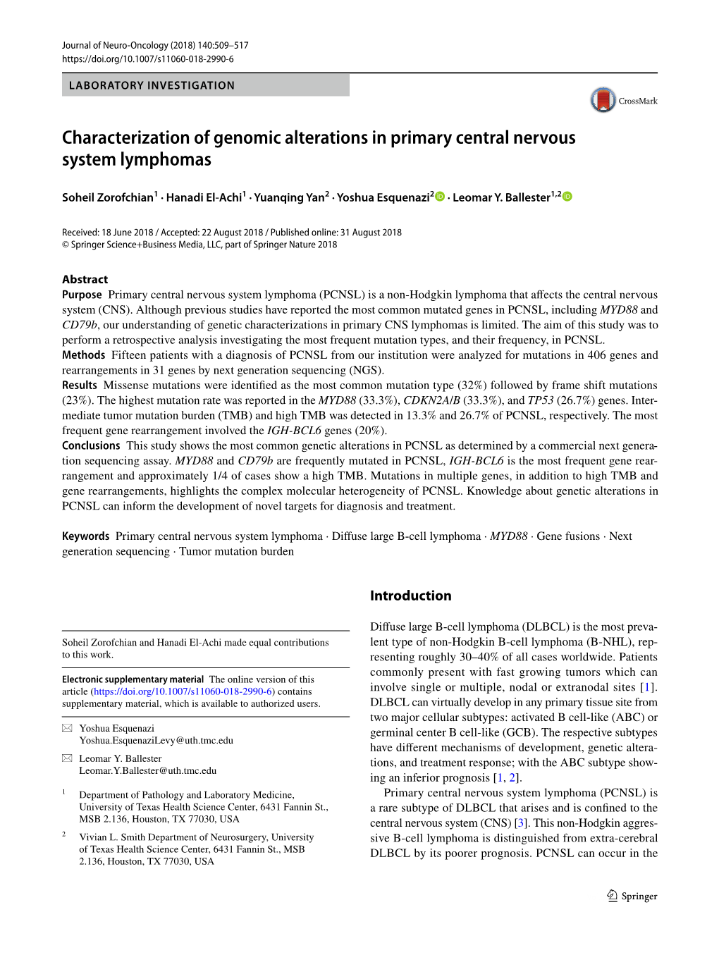 Characterization of Genomic Alterations in Primary Central Nervous System Lymphomas