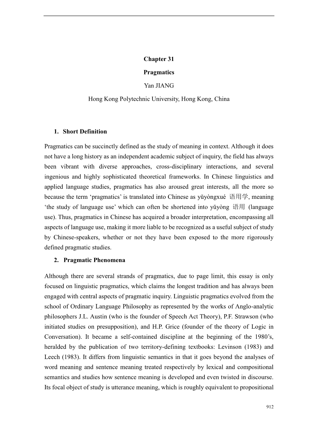 Chapter 31 Pragmatics Yan JIANG Hong Kong Polytechnic University