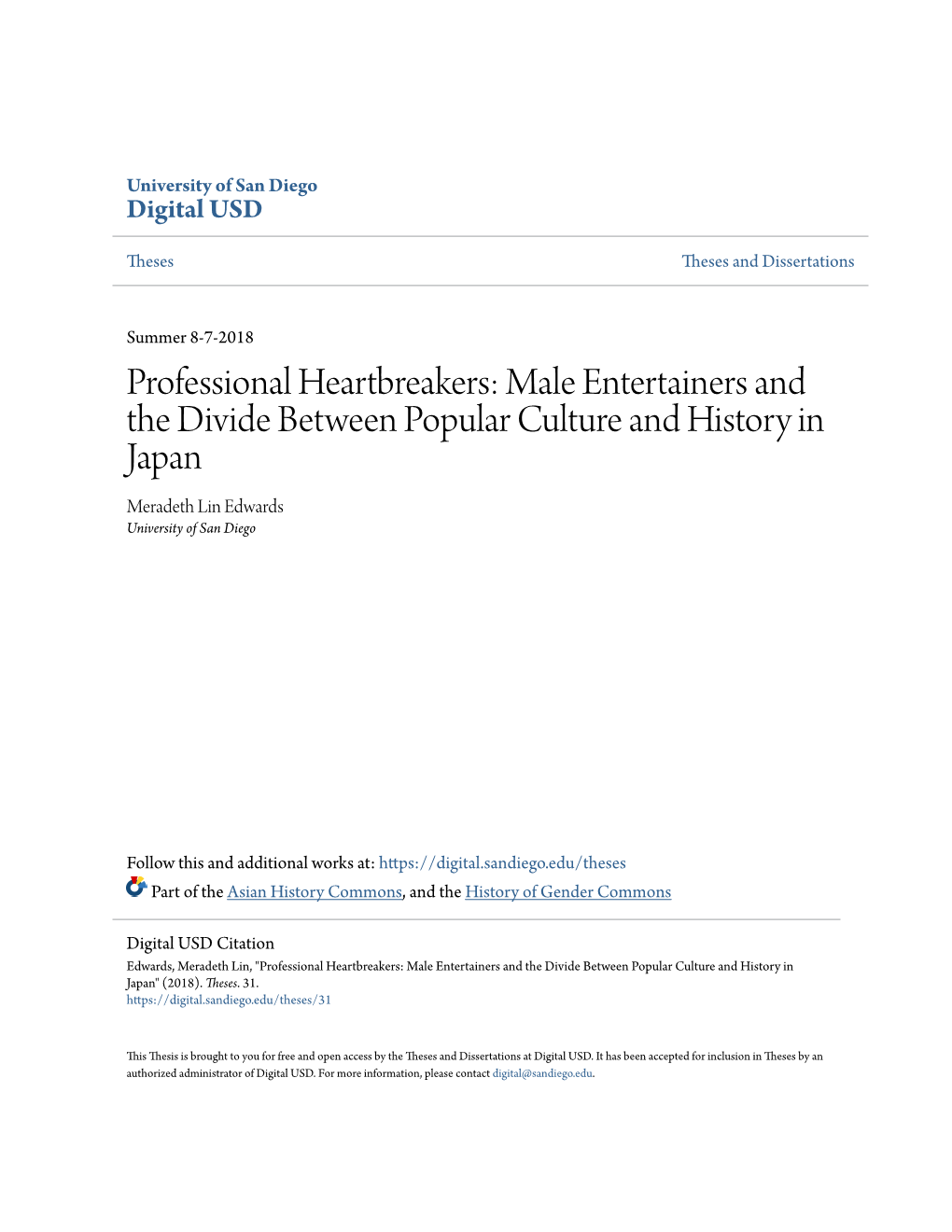 Male Entertainers and the Divide Between Popular Culture and History in Japan Meradeth Lin Edwards University of San Diego