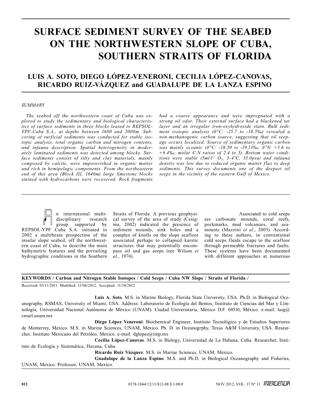 Surface Sediment Survey of the Seabed on the Northwestern Slope of Cuba, Southern Straits of Florida