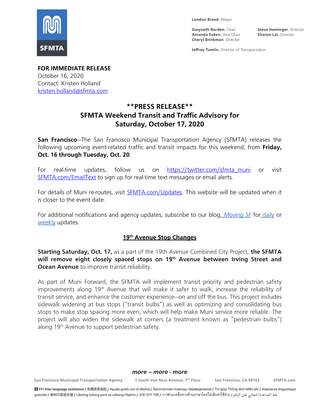 PRESS RELEASE** SFMTA Weekend Transit and Traffic Advisory for Saturday, October 17, 2020