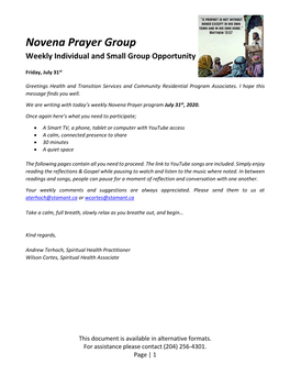 Novena Prayer Group Weekly Individual and Small Group Opportunity