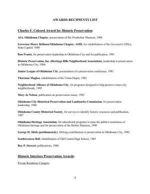 AWARDS RECIPIENTS LIST Charles F. Colcord Award for Historic Preservation