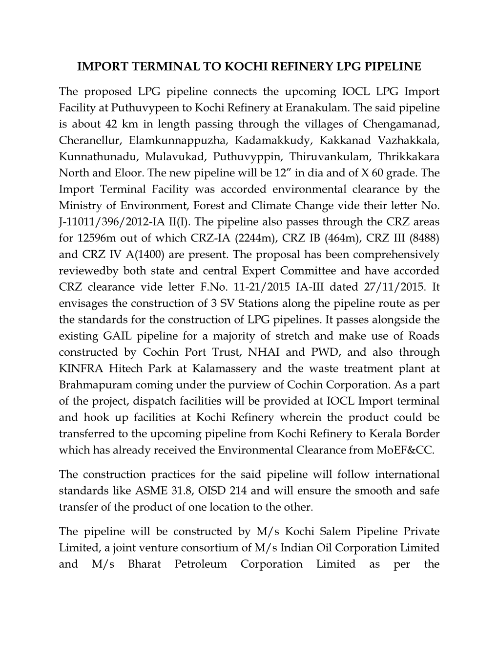 Import Terminal to Kochi Refinery Lpg Pipeline