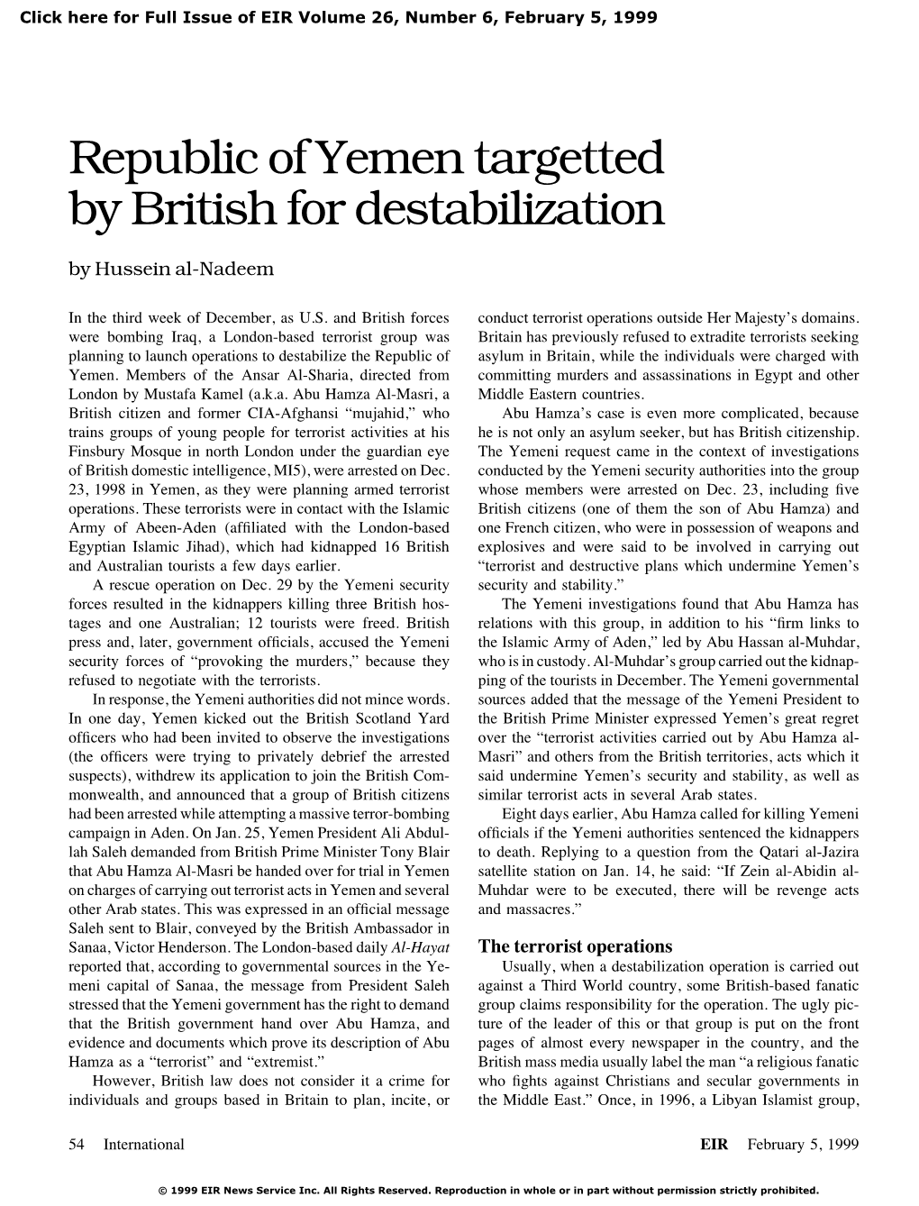 Republic of Yemen Targetted by British for Destabilization