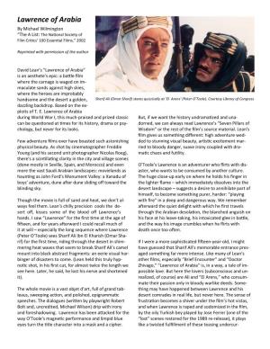 Lawrence of Arabia by Michael Wilmington “The a List: the National Society of Film Critics’ 100 Essential Films,” 2002