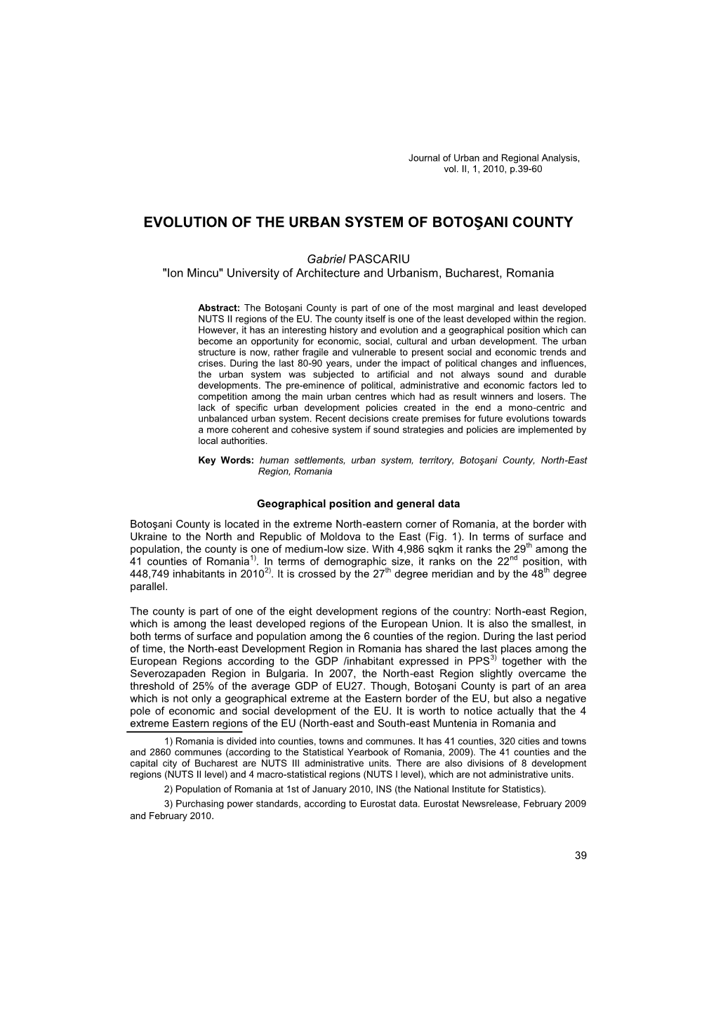 Evolution of the Urban System of Botoşani County