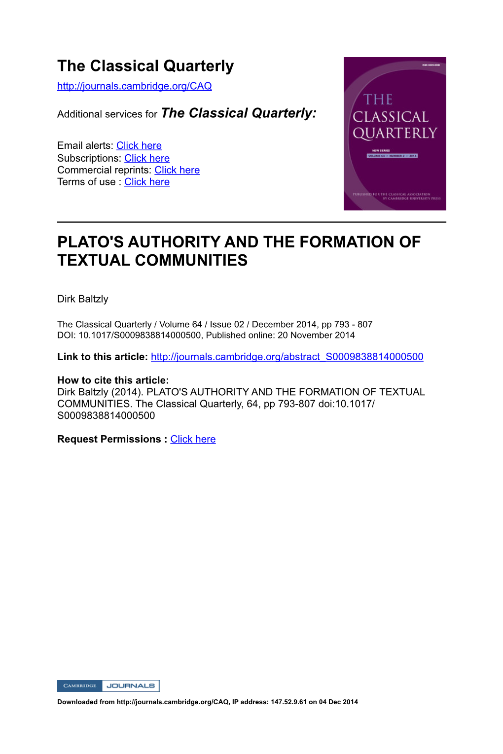 The Classical Quarterly PLATO's AUTHORITY and THE