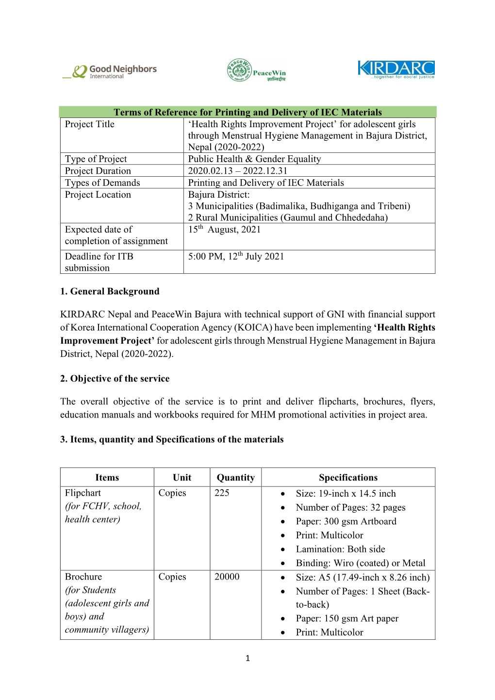 Terms of Reference for Printing and Delivery of IEC Materials Project Title