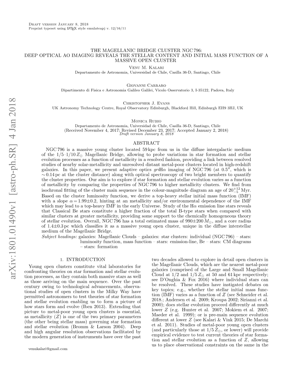 THE MAGELLANIC BRIDGE CLUSTER NGC 796: DEEP OPTICAL AO IMAGING REVEALS the STELLAR CONTENT and INITIAL MASS FUNCTION of a MASSIVE OPEN CLUSTER Venu M