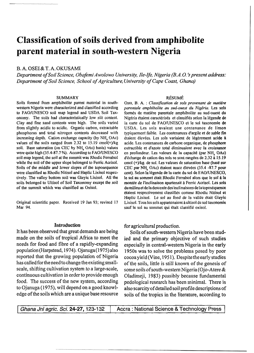 Classification of Soils Derived from Amphibolite Parent Material in South-Western Nigeria