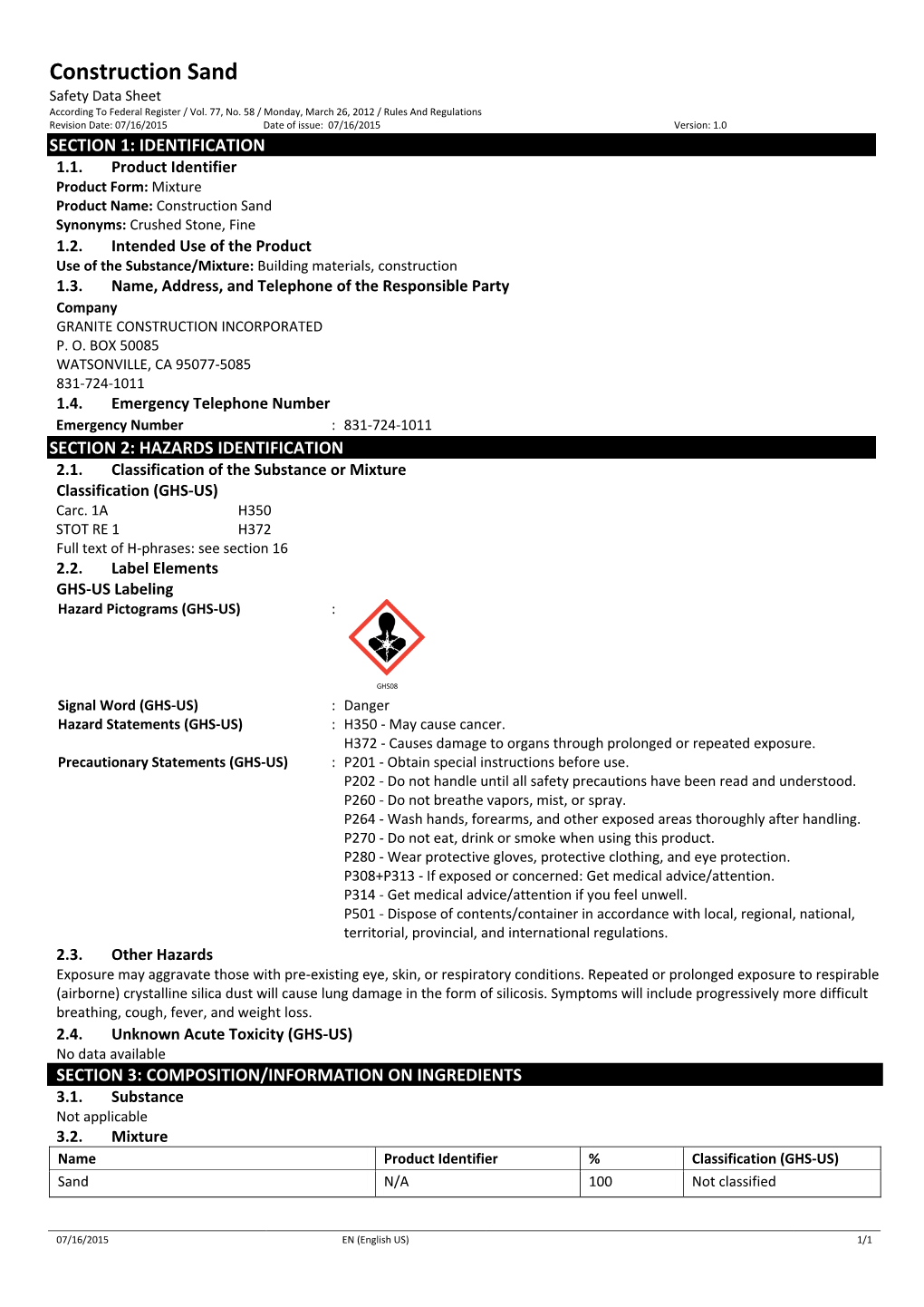 Construction Sand Safety Data Sheet According to Federal Register / Vol