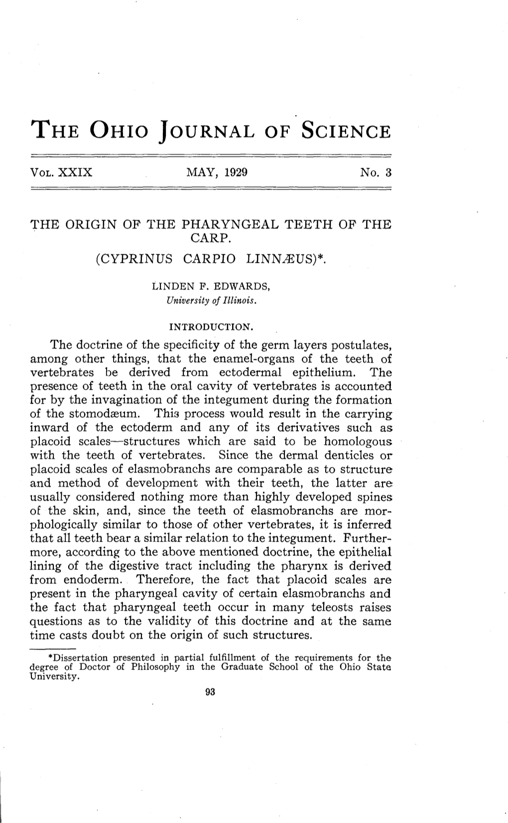 The Origin of the Pharyngeal Teeth of the Carp (Cyprinus Carpio Linnaeus)