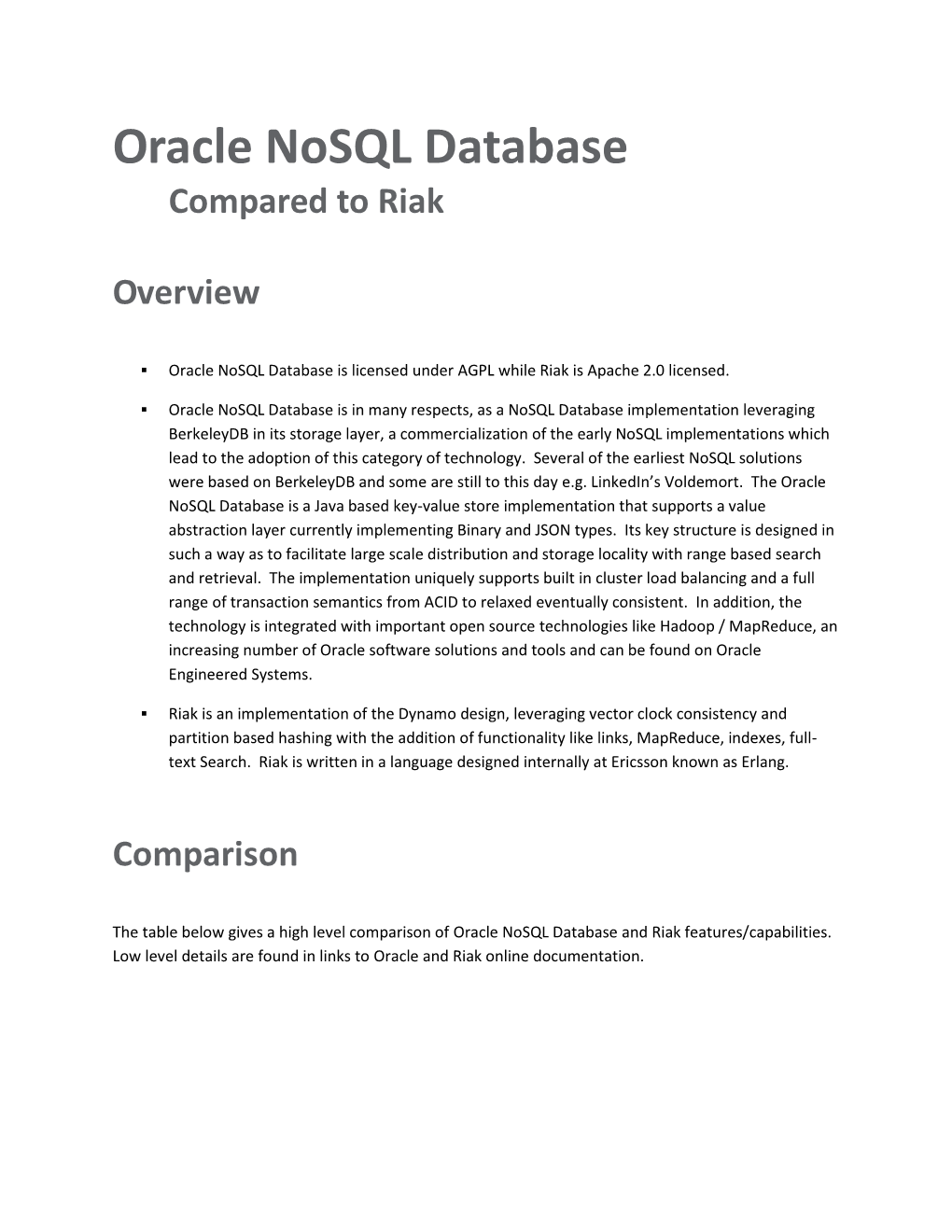 Oracle Nosql Database Compared to Riak