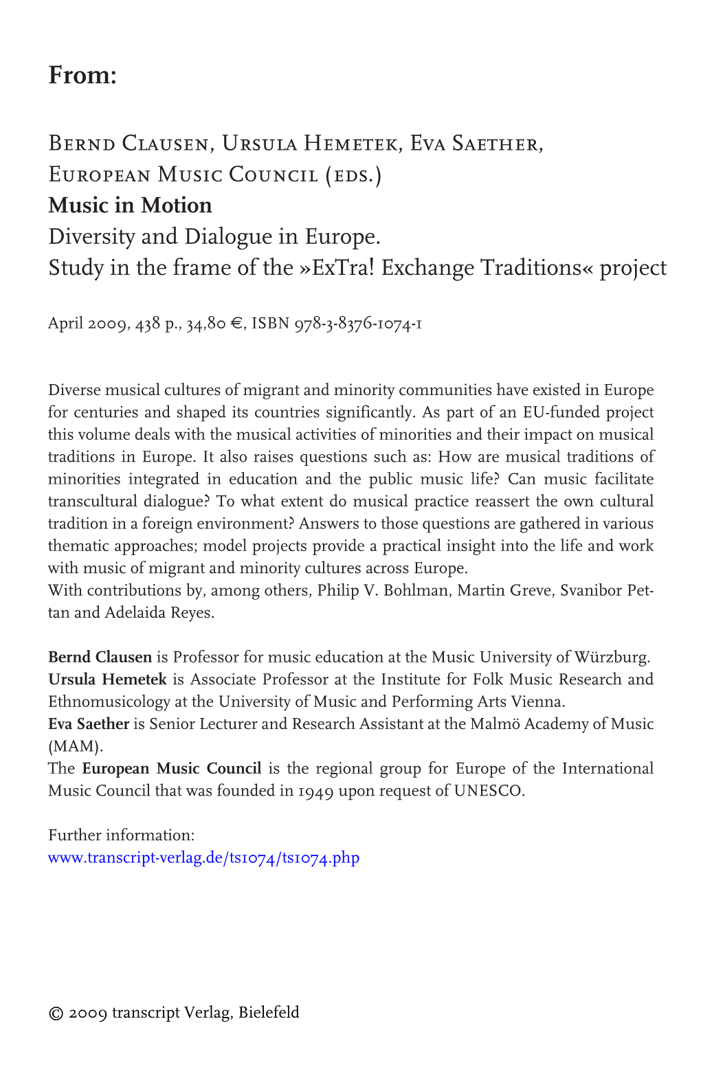 Bernd Clausen, Ursula Hemetek, Eva Saether, European Music Council (Eds.) Music in Motion Diversity and Dialogue in Europe