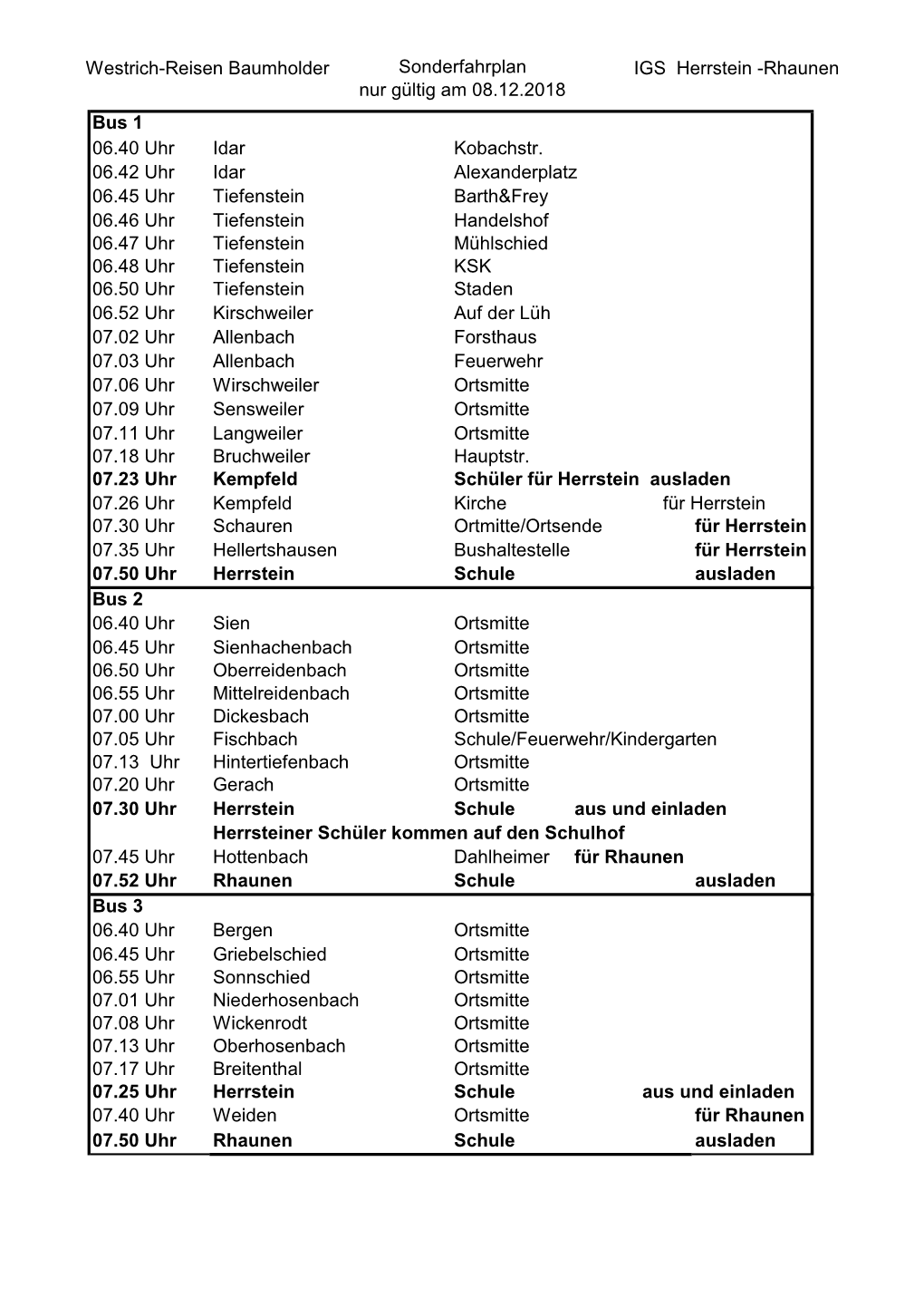 Sonderfahrplan IGS Rhaunen 08.12.2018