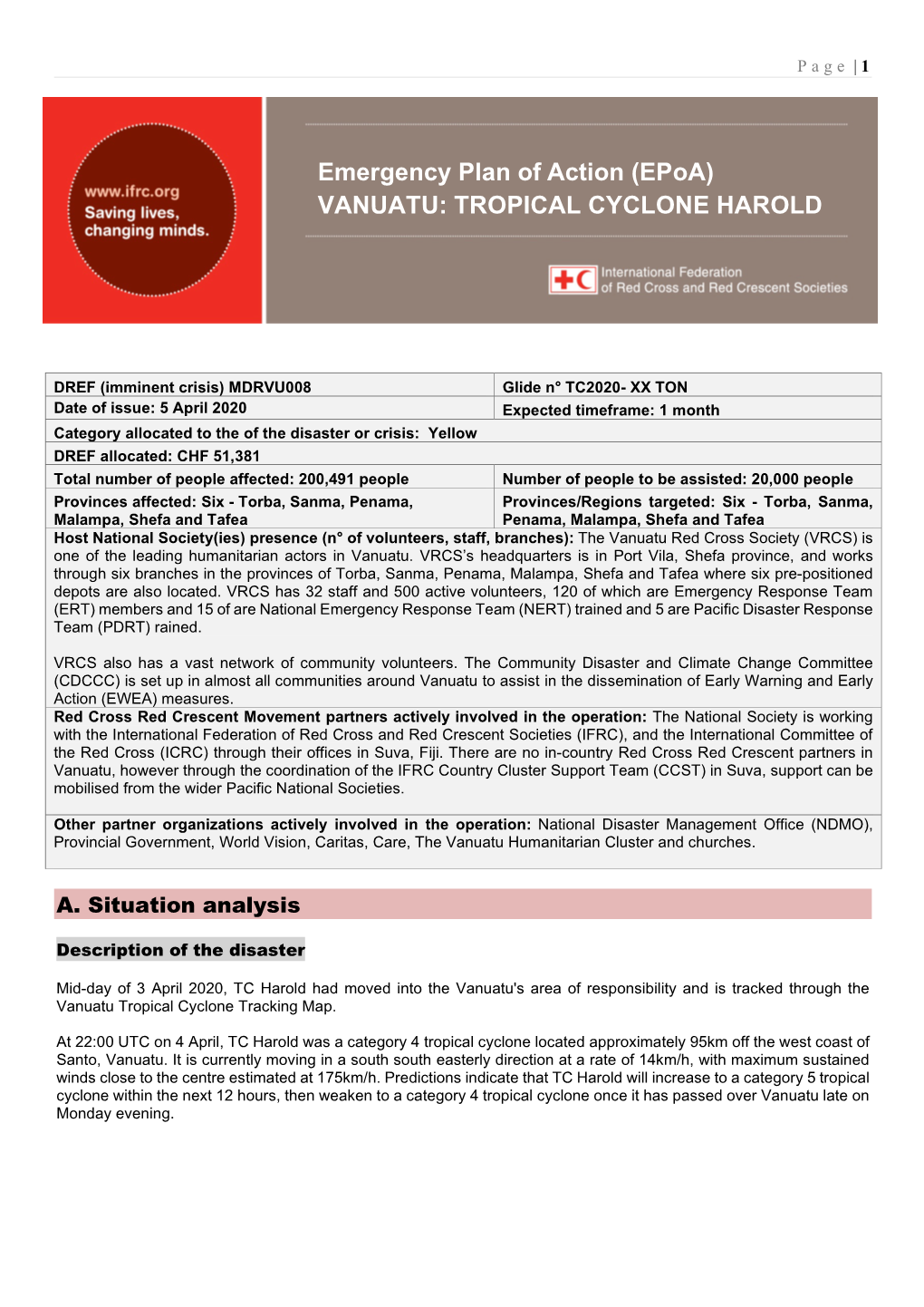Emergency Plan of Action (Epoa) VANUATU: TROPICAL CYCLONE HAROLD