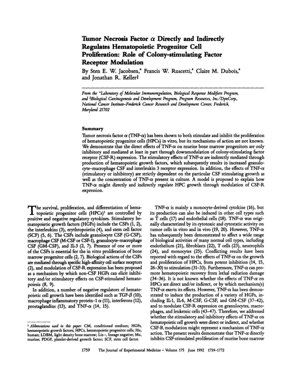 Tumor Necrosis Factor a Directly and Indirectly Regulates Hematopoietic Progenitor Cell Proliferation: Role of Colony-Stimulating Factor Receptor Modulation by Sten E