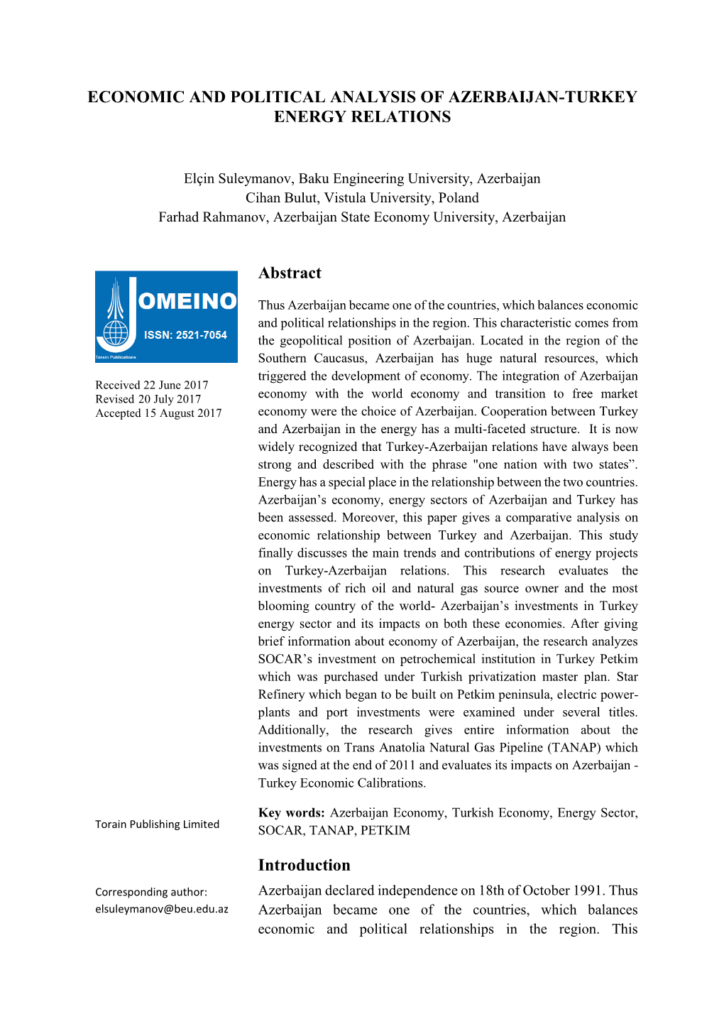 Economic and Political Analysis of Azerbaijan-Turkey Energy Relations