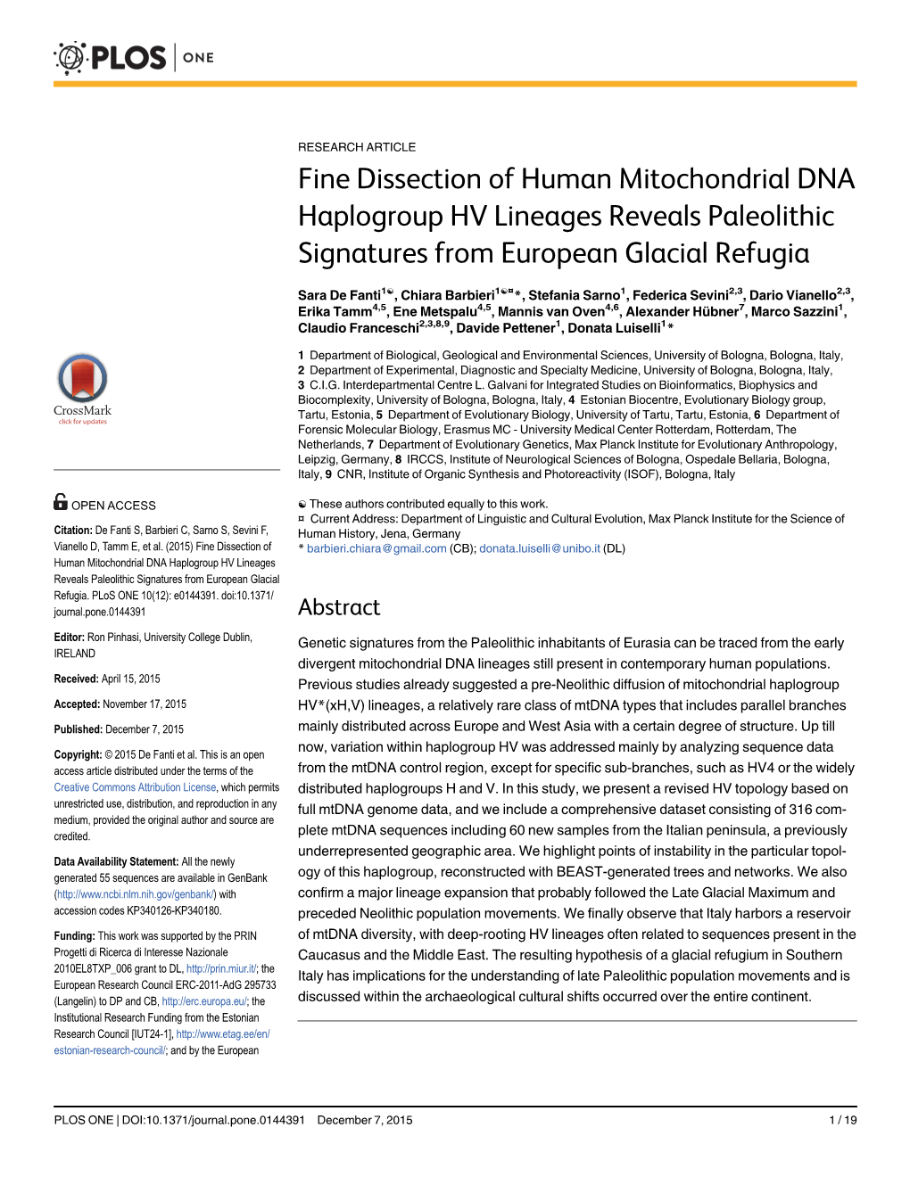 Fine Dissection of Human Mitochondrial DNA Haplogroup HV Lineages Reveals Paleolithic Signatures from European Glacial Refugia