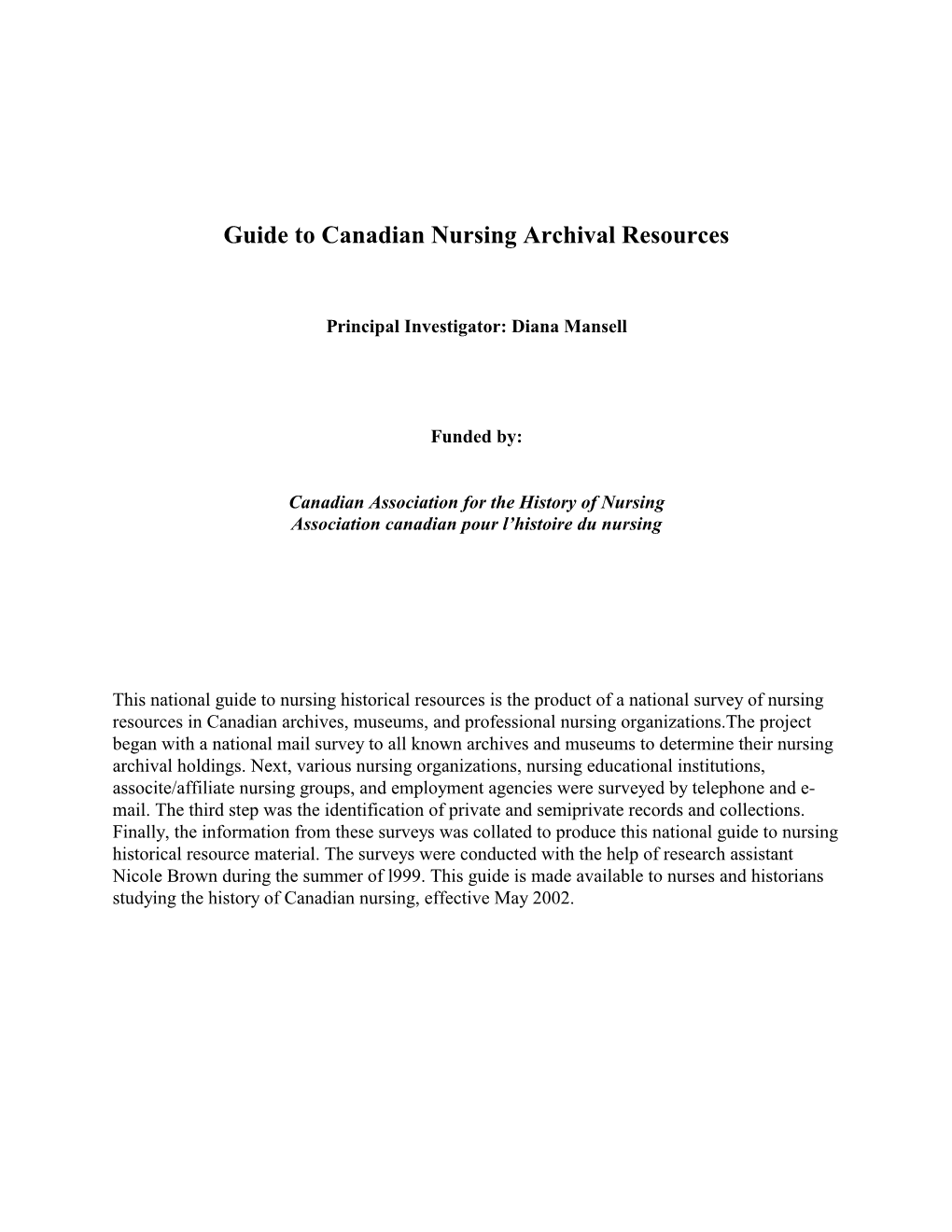 Guide to Canadian Nursing Archival Resources