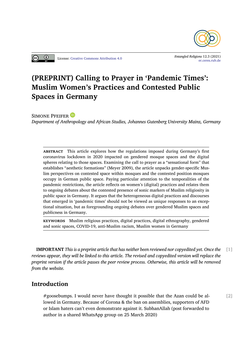 Calling to Prayer in `Pandemic Times': Muslim Women's Practices and Contested Public Spaces in Germany